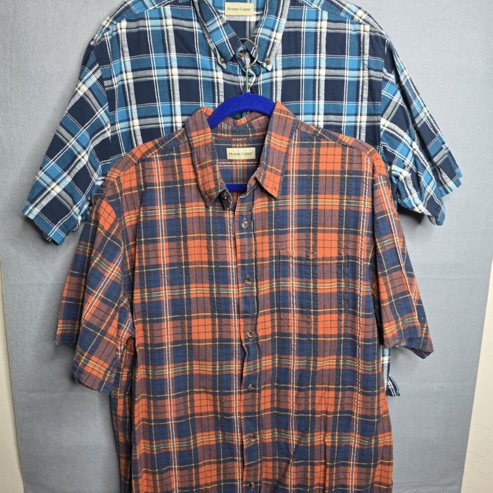 2 Hobbs Creek Men's Plaid Shirts Short Sleeve Seersucker Blue Orange size XL